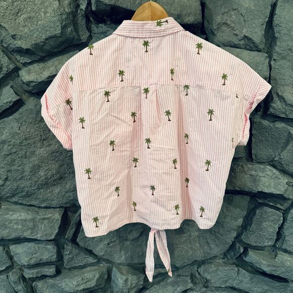 Marc New York Pink Stripe Button Down Tie Palm Tree Shirt Womens S - Picture 3 of 4